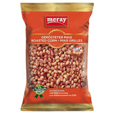 A 150g bag of Meray Roasted Corn BBQ, a savoury grilled snack. The multilingual packaging (German, English, French) features a clear window displaying the corn kernels.
